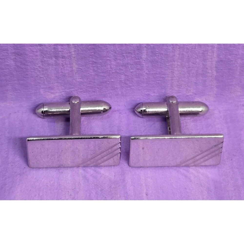 Men's Swank Silver Tone Striped Rectangle Cufflinks Formal Cuff Links